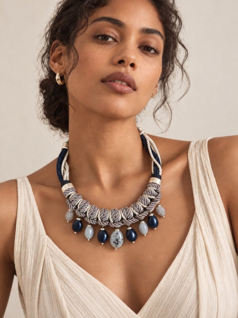 Vintage Chico’s Blue Mixed Media Bib Statement Necklace Boho Chunky Stone Y2K